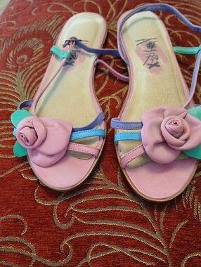 Astrax Made In BRAZIL Pink Floral Rose Strap Sandals with Teal and Blue Accents